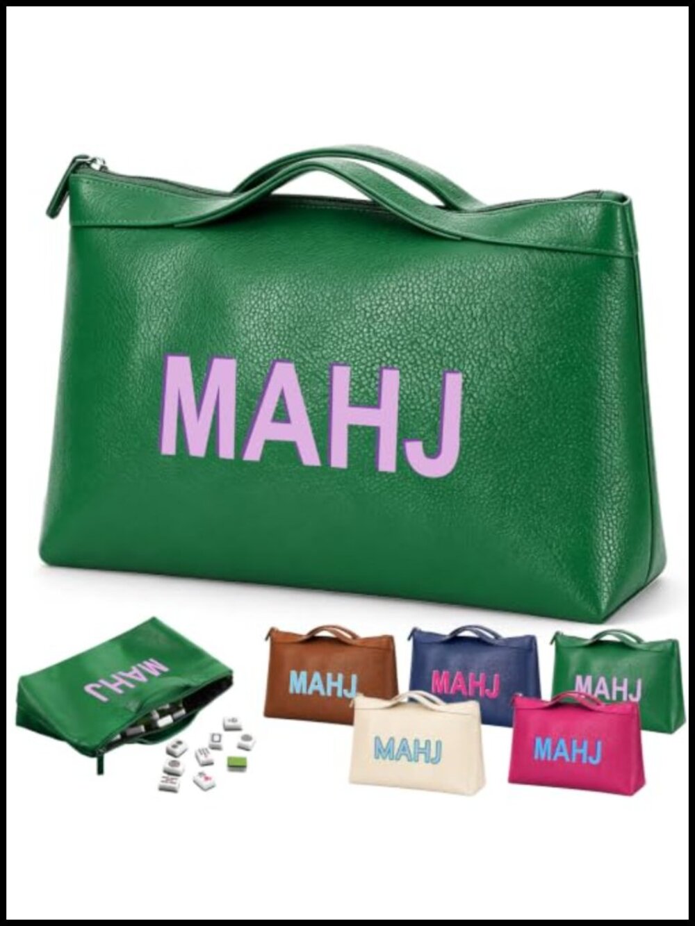 Leather Mahjong Tile Bag with Zipper Handle Storage Pouch